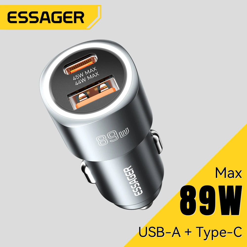 Chargeur voiture Essager 89W — double port QC 4.0/3.0 recharge rapide, USB Type‑C