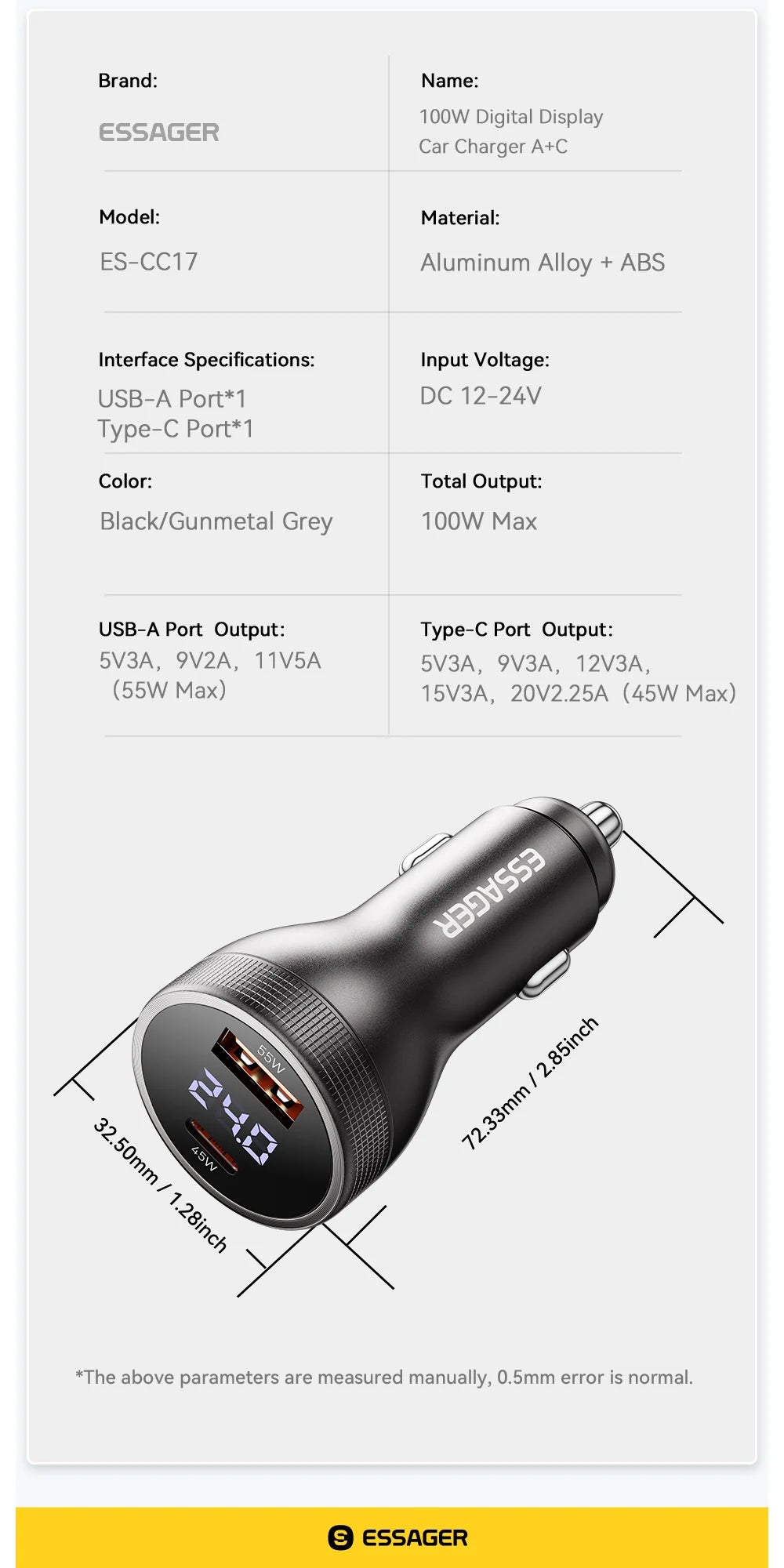 ESSAGER F755 Chargeur Voiture 100W – USB-C 45W + USB-A 55W