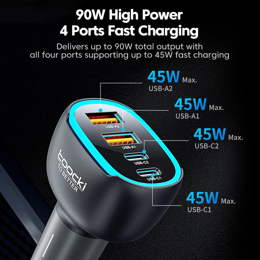 Chargeur TOOCKI à charge rapide avec quatre ports, disponible en versions 90W et 120W.