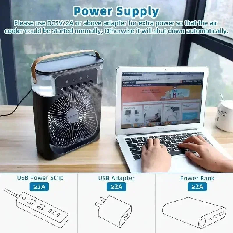 Ventilateur Portable 3‑en‑1, Mini Climatiseur, Humidificateur & Veilleuse LED pour Maison et Bureau