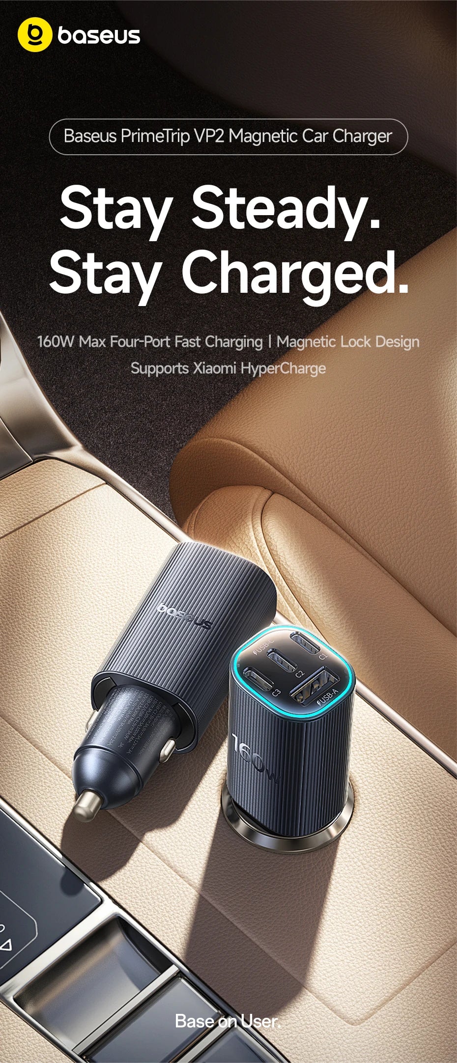 Baseus PrimeTrip VP2 – Chargeur Voiture Magnétique 160W, 3 USB-C + USB-A