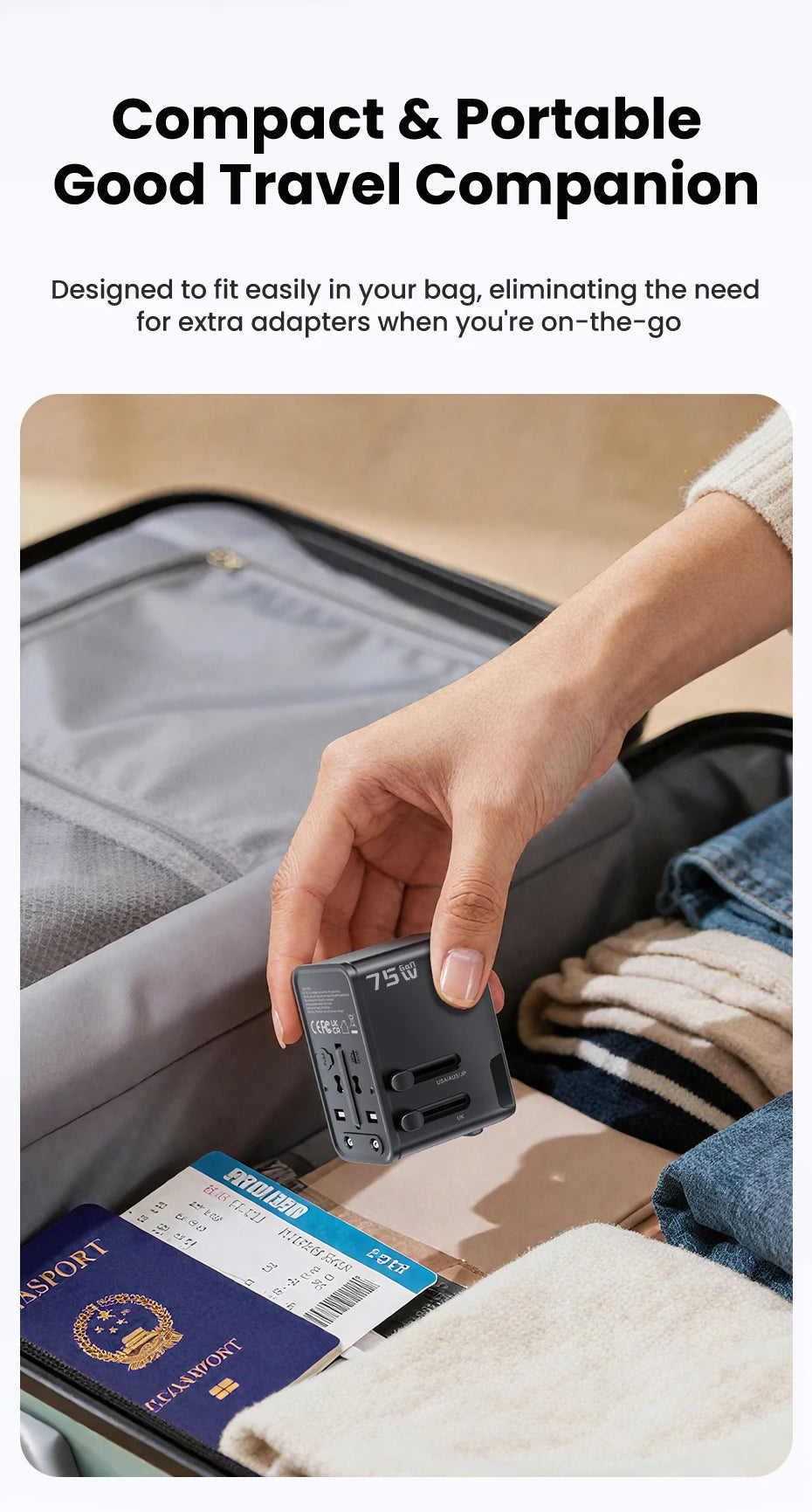 oocki GaN 75W – Adaptateur de voyage universel pour 200 pays – 5‑en‑1 : 1 prise AC universelle + 4 ports de charge (USB‑C & USB‑A)