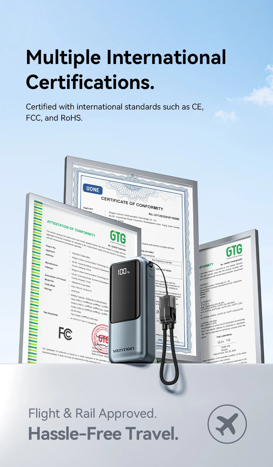 Power bank Vention 10000mAh avec câble USB‑C intégré, charge rapide 22.5W et PD 3.0