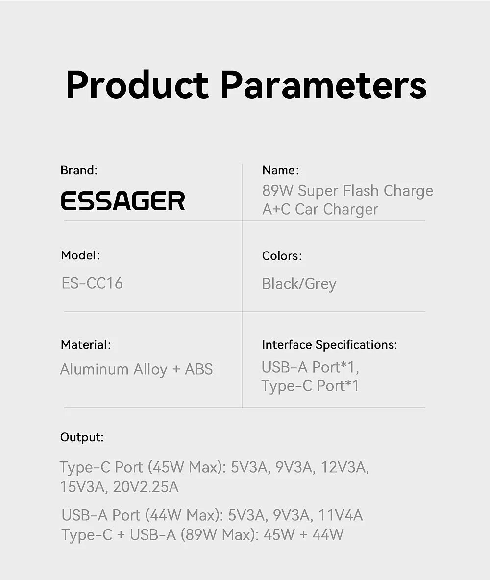 Chargeur voiture Essager 89W — double port QC 4.0/3.0 recharge rapide, USB Type‑C