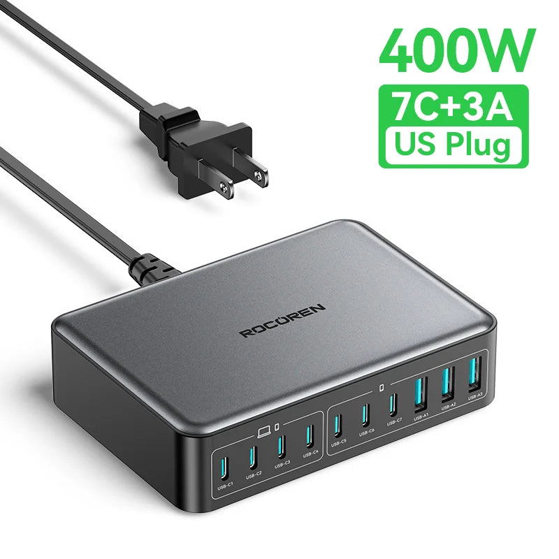 Rocoren Energy Station 400W – Chargeur GaN USB‑C 10‑en‑1 Portable pour Bureau