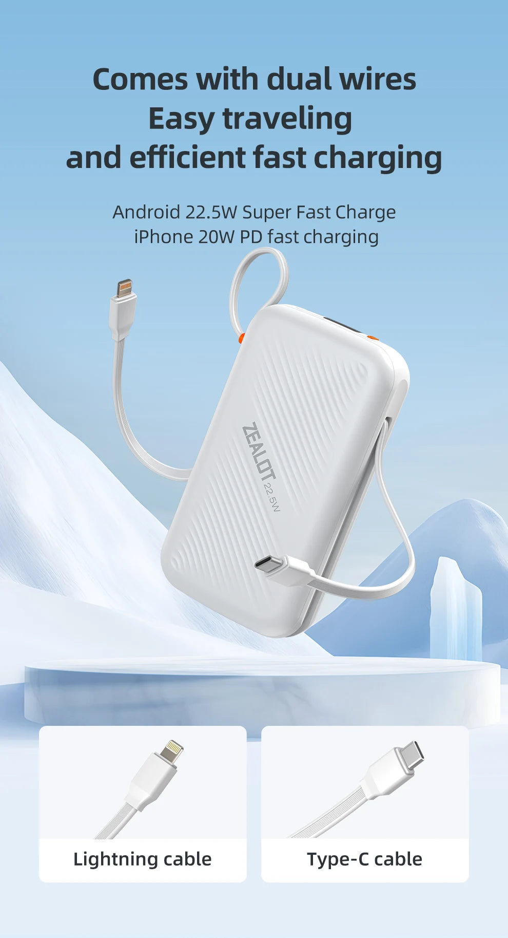 ZEALOT Y2200 – Power Bank 20000mAh 22,5W avec USB‑C + Lightning