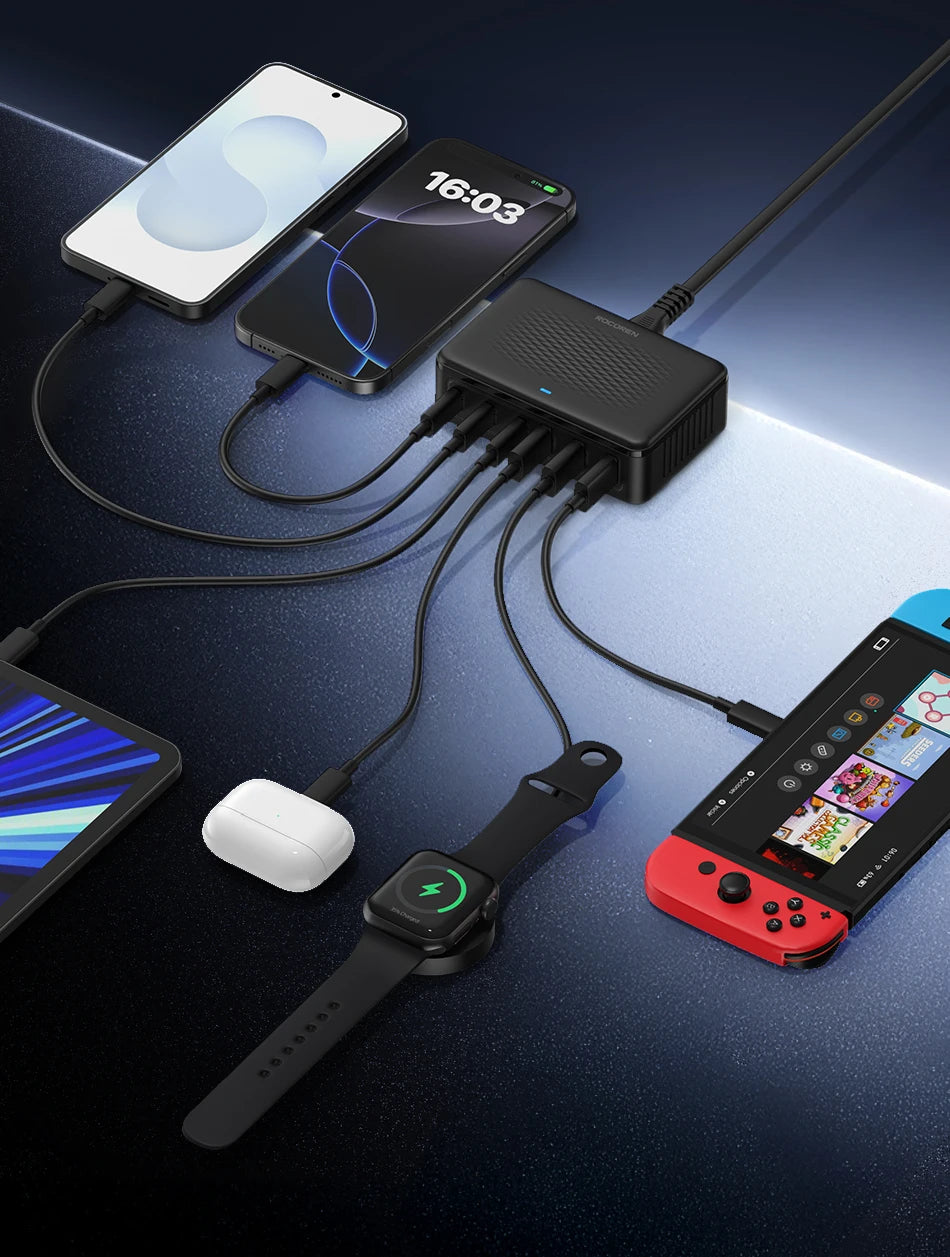 Chargeur Rocoren 100W 6 ports  technologie GaN hub