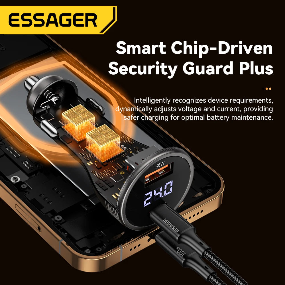 ESSAGER F755 Chargeur Voiture 100W – USB-C 45W + USB-A 55W