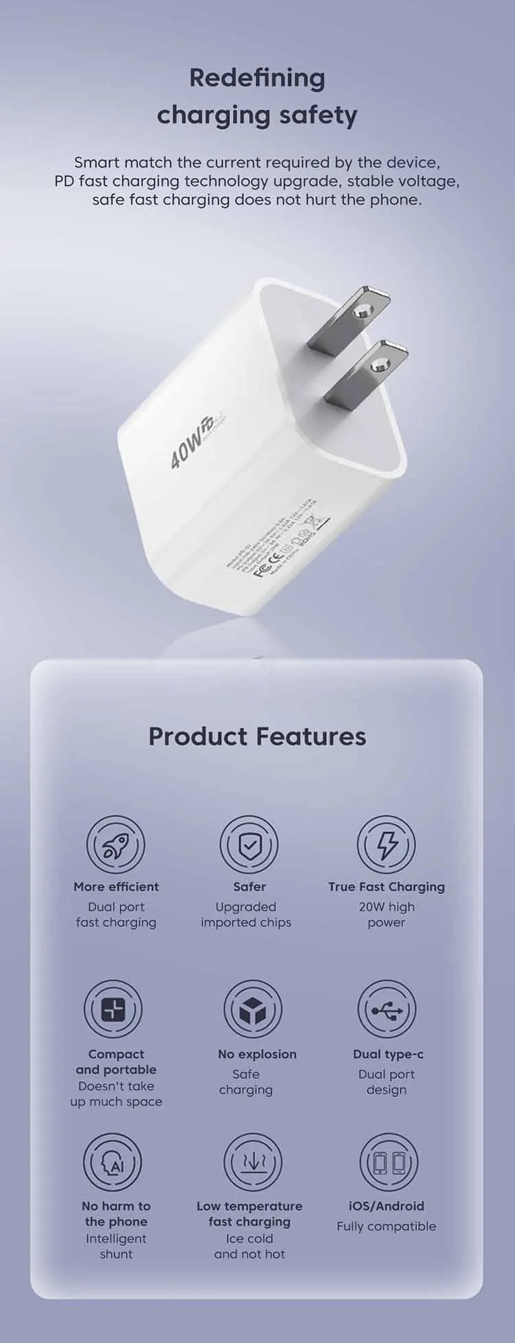 Chargeur OLAF rapide 40W Avec deux sorties USB‑C‑C PD QC3.0 avec câble Type‑C vers Type‑C