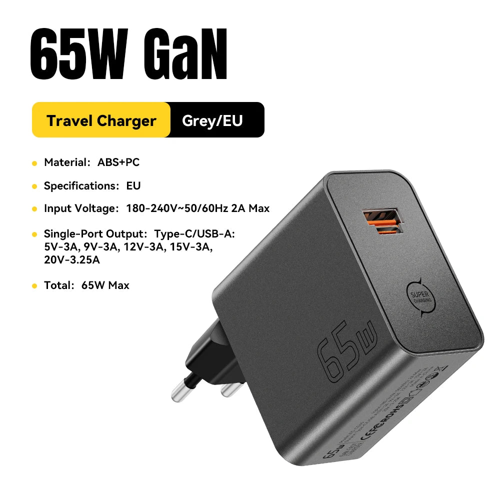 Chargeur ESSAGER GaN 65W USB-C / USB-A – Charge Rapide