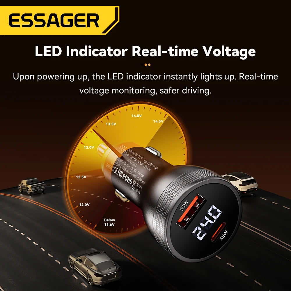 ESSAGER F755 Chargeur Voiture 100W – USB-C 45W + USB-A 55W