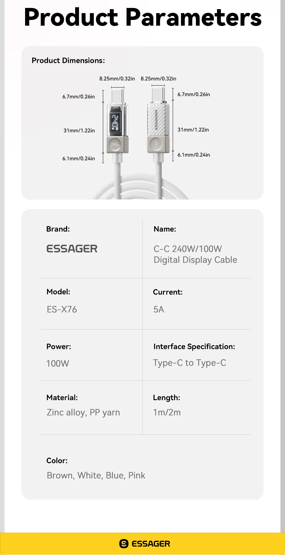 Câble USB‑C ESSAGER Version Haute Qualité & Originale 240W et 100W