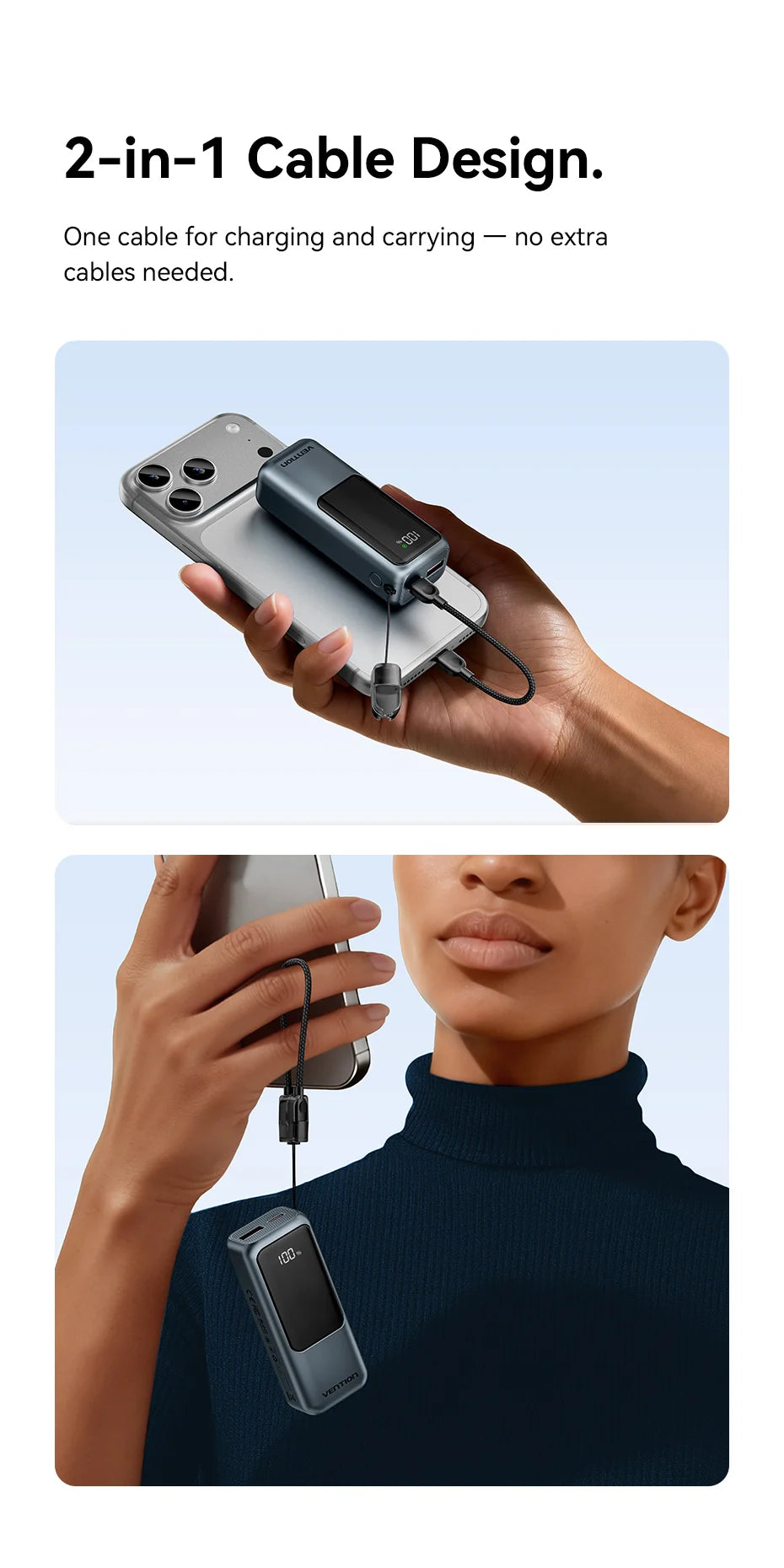 Power bank Vention 10000mAh avec câble USB‑C intégré, charge rapide 22.5W et PD 3.0