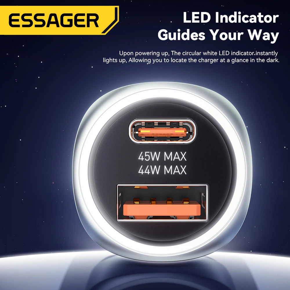 Chargeur voiture Essager 89W — double port QC 4.0/3.0 recharge rapide, USB Type‑C