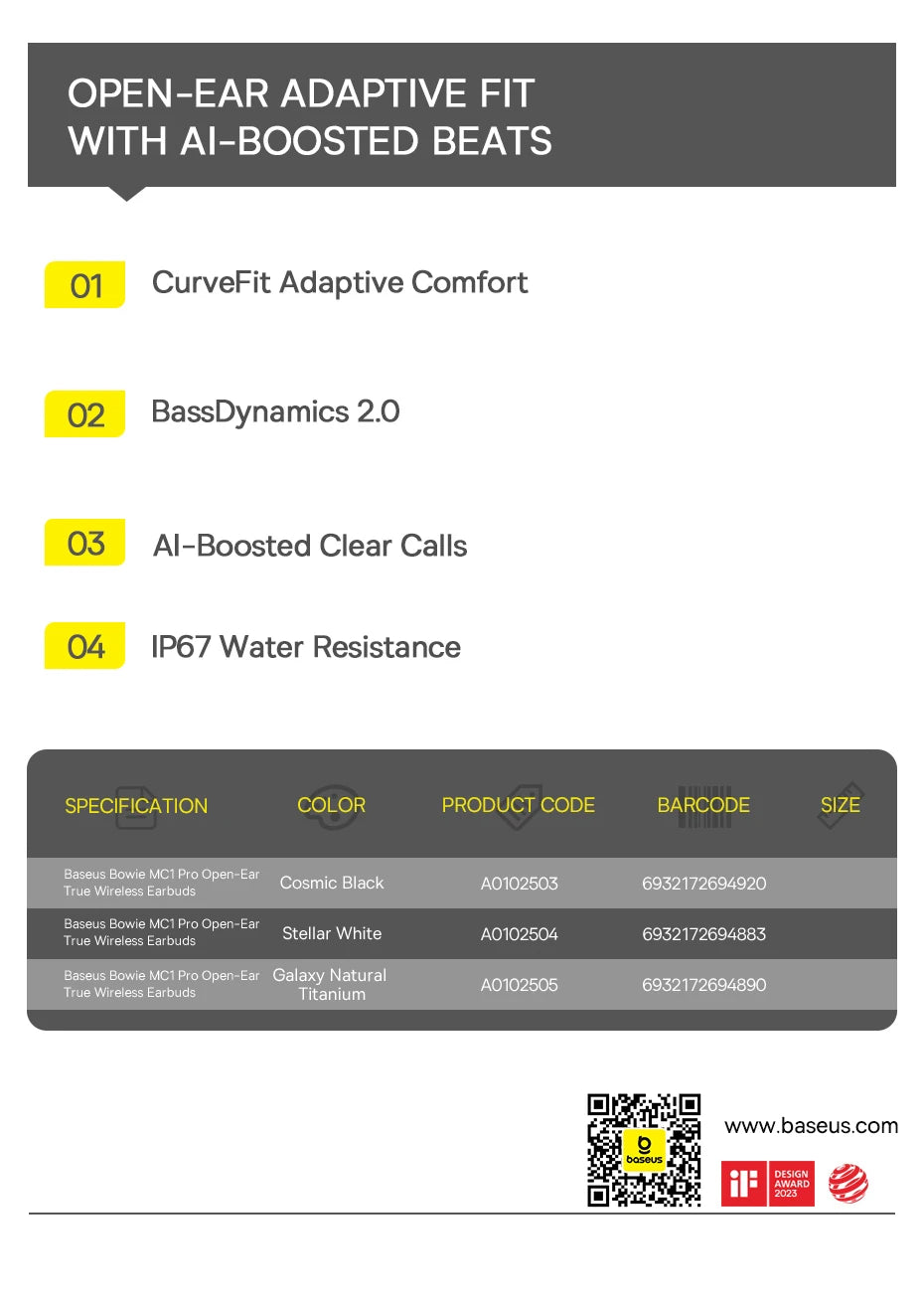 Baseus MC1 Pro Open-Ear TWS Wireless Earbuds – Bluetooth 6.0, IP67, 40H Battery, ENC 4-Mic, SuperBass 2.0
