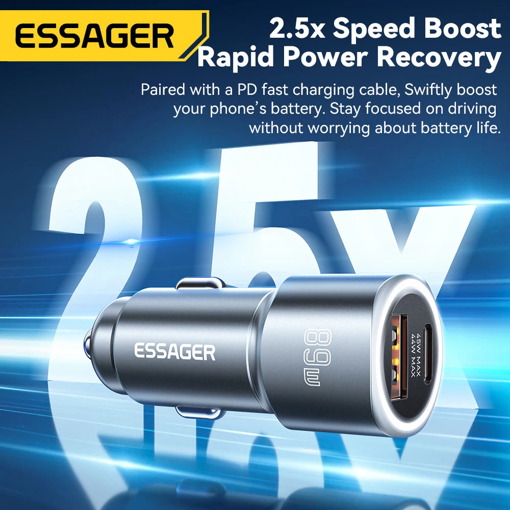 Chargeur voiture Essager 89W — double port QC 4.0/3.0 recharge rapide, USB Type‑C