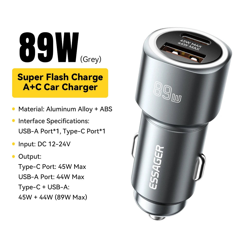 Chargeur voiture Essager 89W — double port QC 4.0/3.0 recharge rapide, USB Type‑C