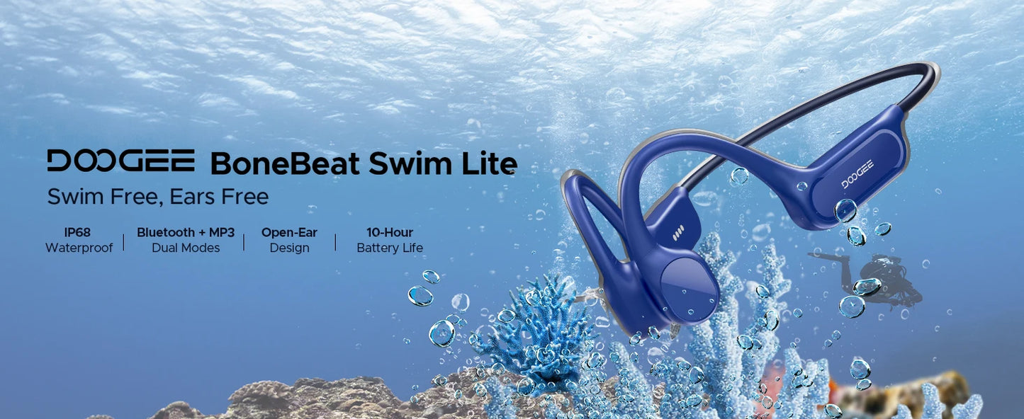 DOOGEE BoneBeat Swim Lite Casque Bluetooth 5.4 à Conduction Osseuse IP68 – 32 Go MP3, Open-Ear, Étanche pour Natation & Sport