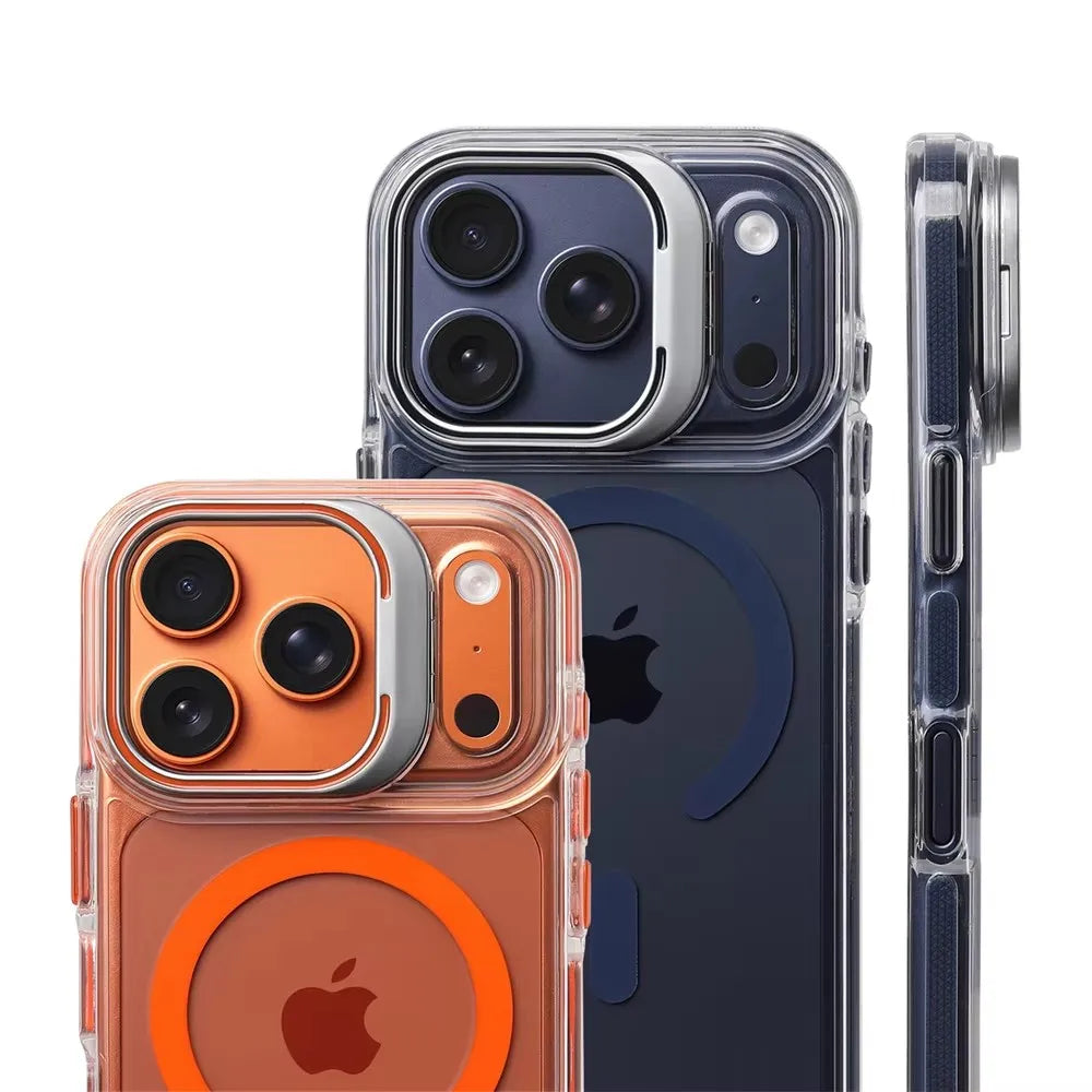 Coque pare‑chocs transparente de luxe MagSafe avec protection d’objectif, compatible iPhone 12 / 13 / 14 / 15 / 16 / 17 (base, Plus, Pro, Pro Max, Air) avec support intégré pour une protection élégante au quotidien.