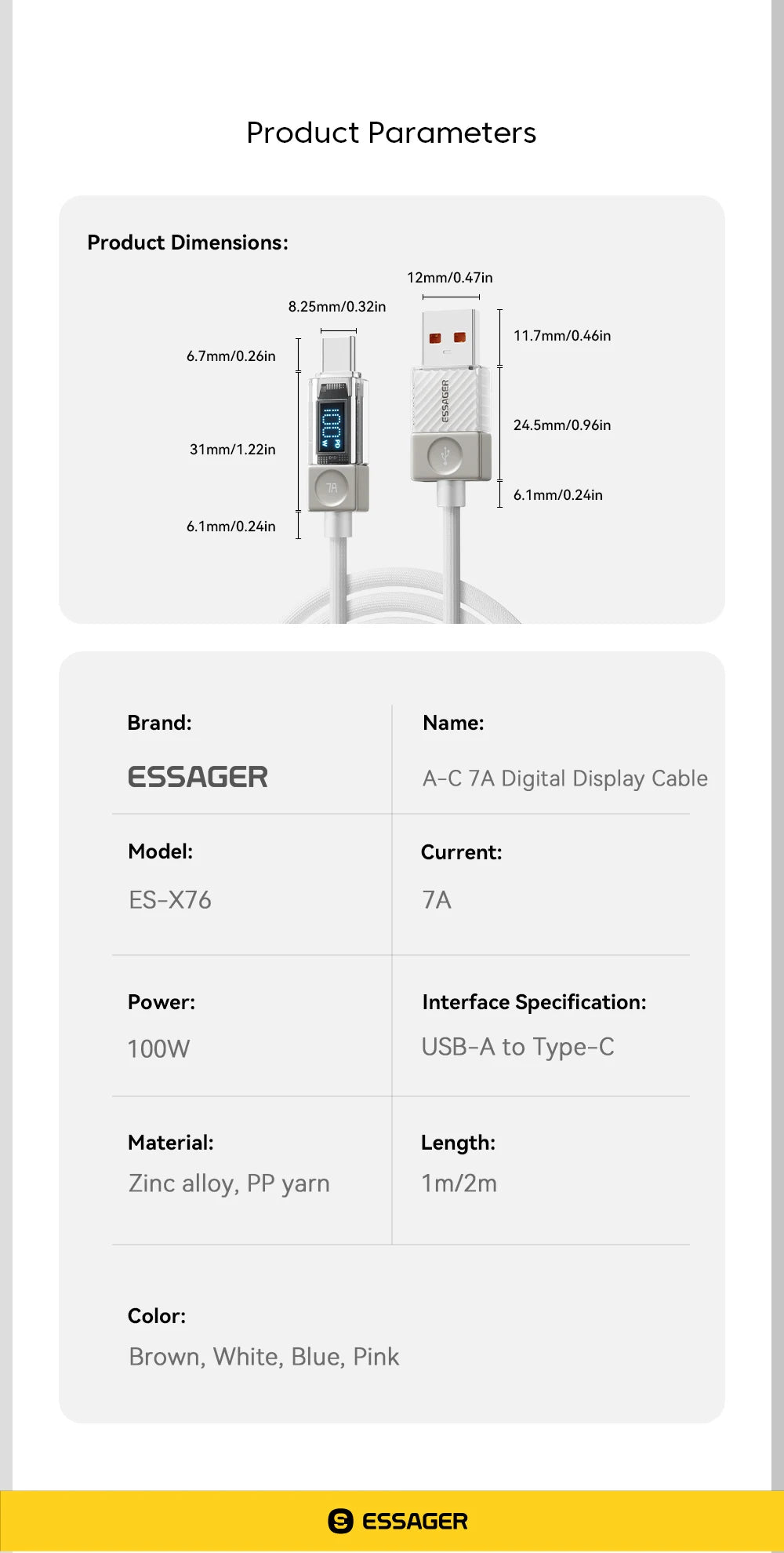 Câble USB‑C ESSAGER Version Haute Qualité & Originale 240W et 100W