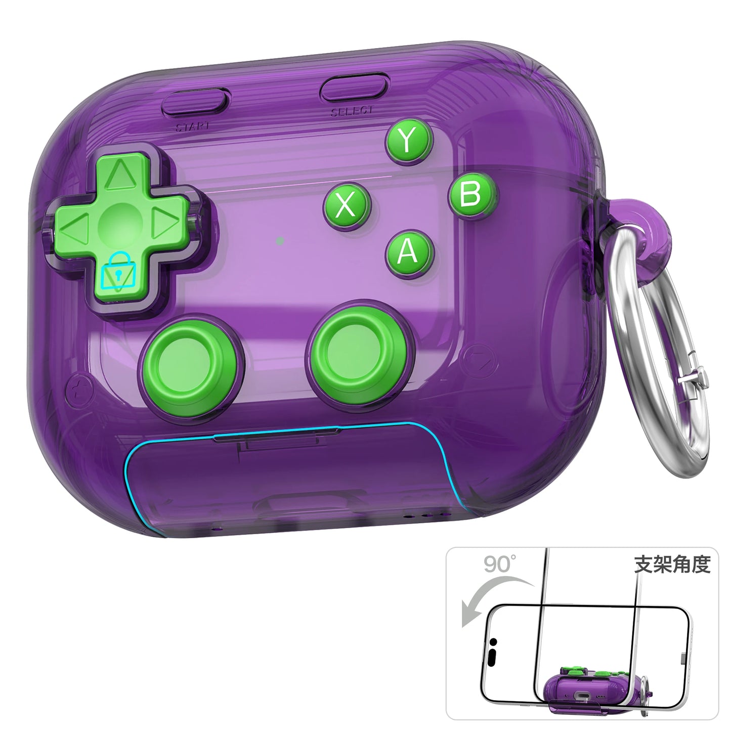 Étui pour écouteurs Apple, design gaming rigide avec verrou sécurisé, support téléphone et clip d’attache.
