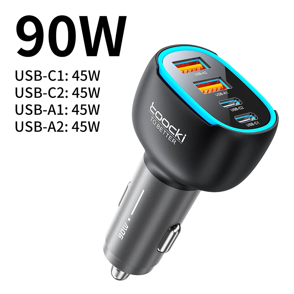 Chargeur TOOCKI à charge rapide avec quatre ports, disponible en versions 90W et 120W.