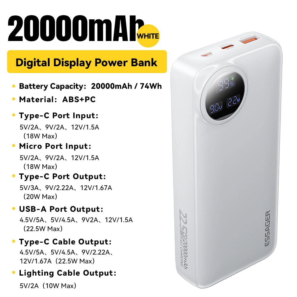 Essager Power Bank 22.5W avec Câble Intégré – Affichage Numérique – 20000mAh / 10000mAh