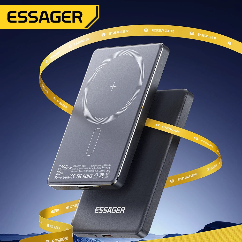 Essager Power Bank Magnétique Sans Fil 20W 5000mAh Ultra‑Fin, Batterie Externe