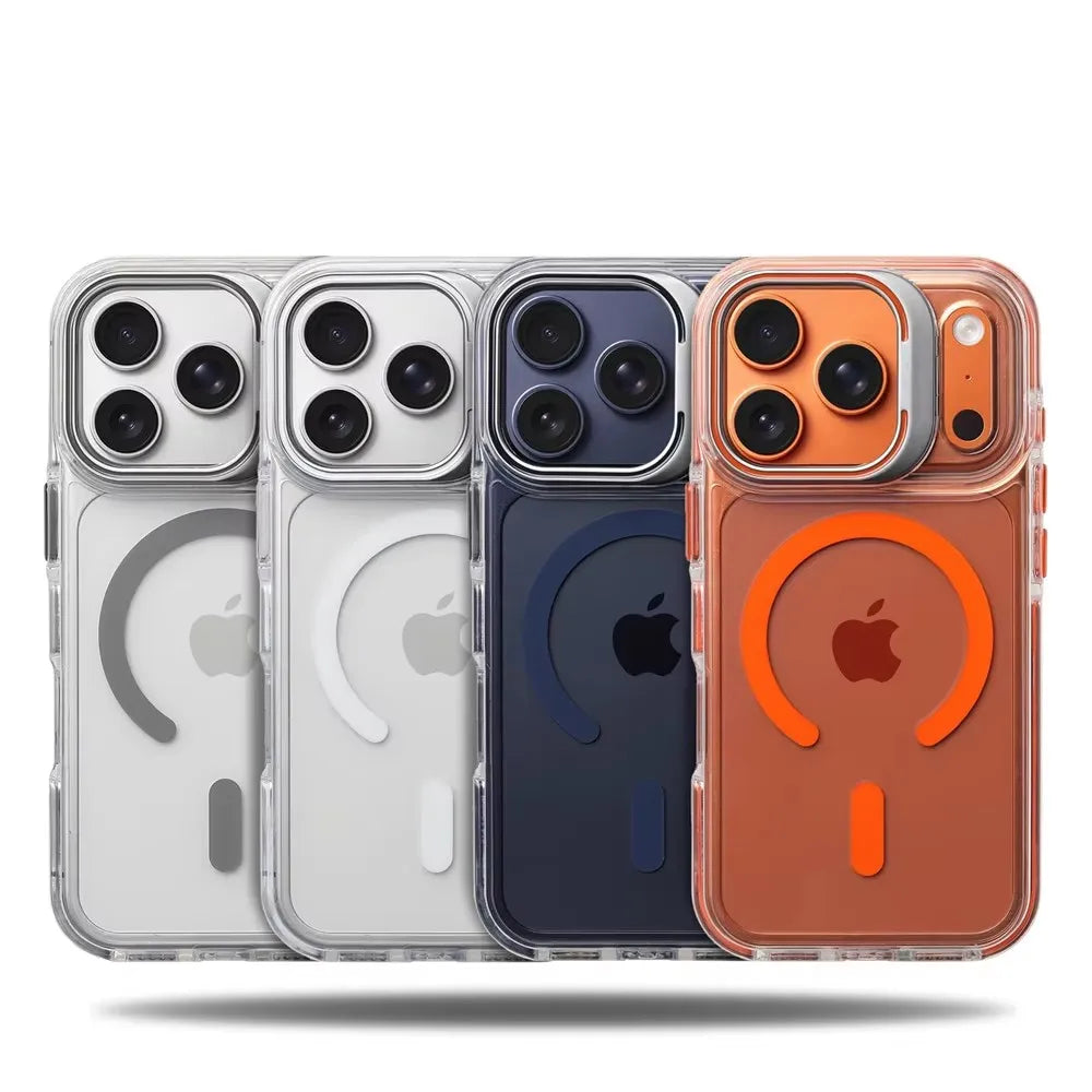 Coque pare‑chocs transparente de luxe MagSafe avec protection d’objectif, compatible iPhone 12 / 13 / 14 / 15 / 16 / 17 (base, Plus, Pro, Pro Max, Air) avec support intégré pour une protection élégante au quotidien.