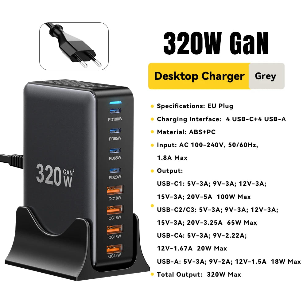 Chargeur rapide GaN Essager 320W, station de charge de bureau