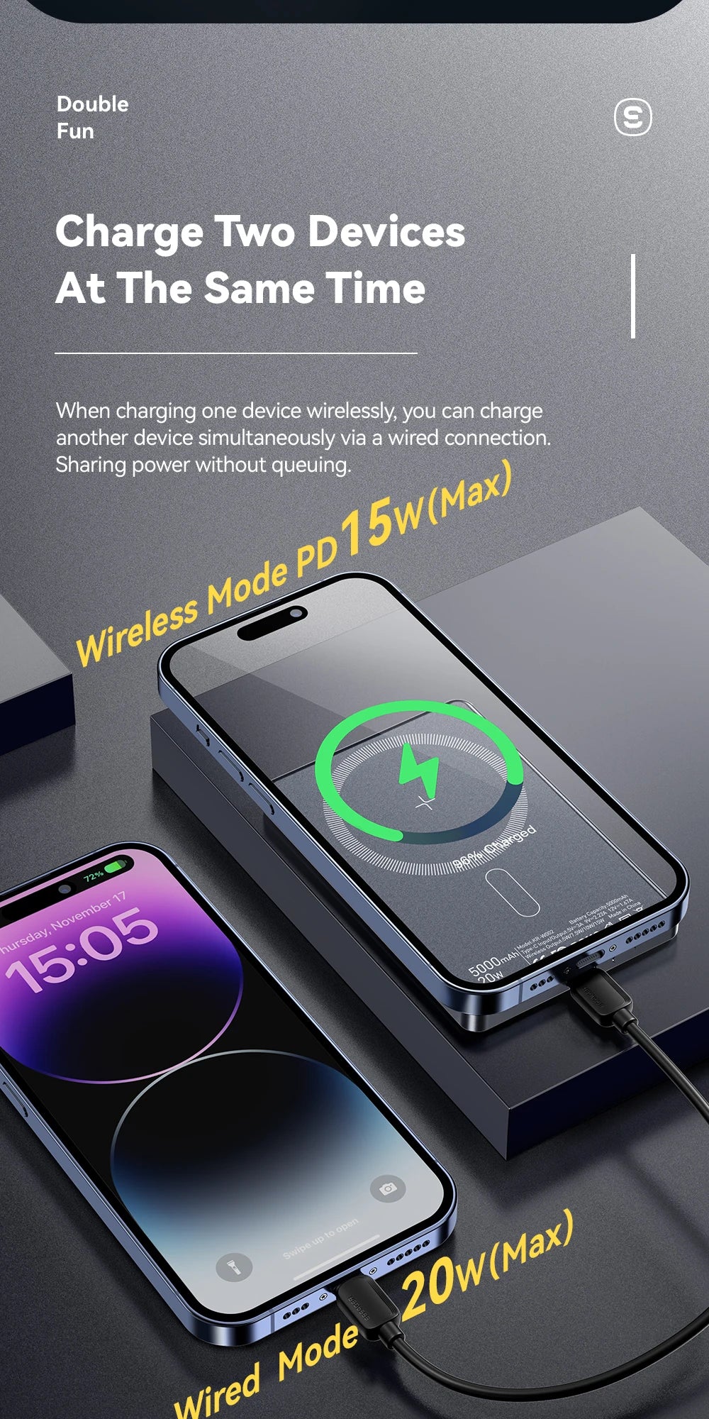 Essager Power Bank Magnétique Sans Fil 20W 5000mAh Ultra‑Fin, Batterie Externe