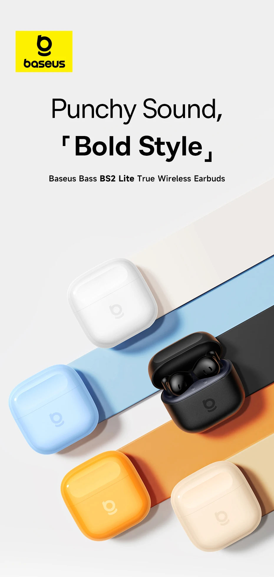 Baseus Bass BS2 Lite – Écouteurs Bluetooth TWS 6.0 semi‑intra‑auriculaires avec 2 micros AI ENC, 40h d’autonomie, IP55 et SuperBass