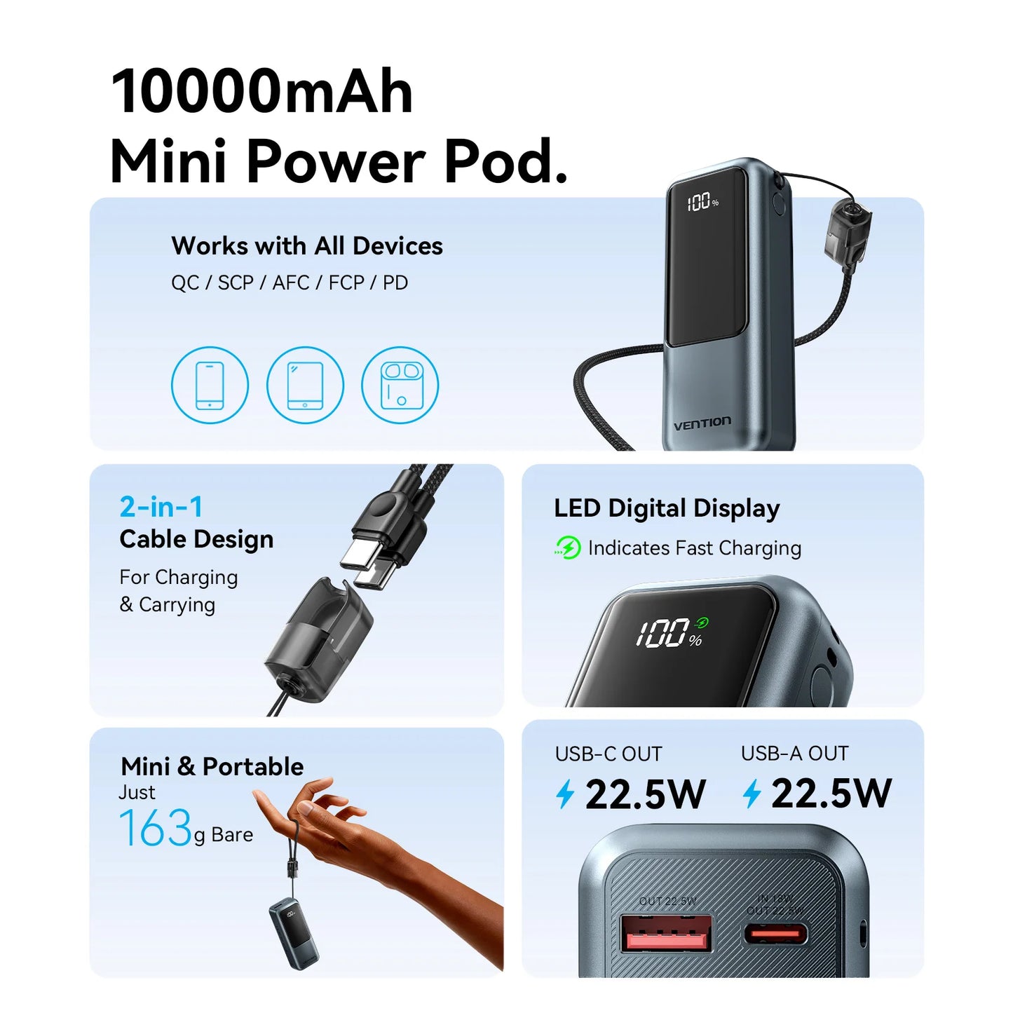 Power bank Vention 10000mAh avec câble USB‑C intégré, charge rapide 22.5W et PD 3.0