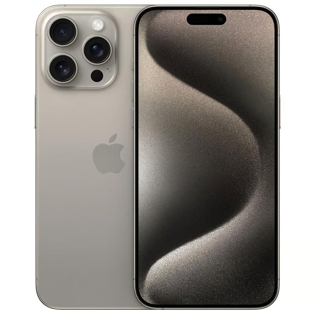 Image d’illustration de l’Apple iPhone 15 Pro Max 256 Go en titane naturel, vues avant et arrière